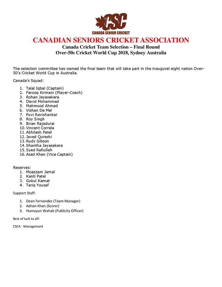 Over 50s Cricket World Cup Canadian squad